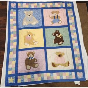 Vintage Teddy Bear Quilt Baby Kids Toddler Nursery Throw Farmhouse Wall Hanging